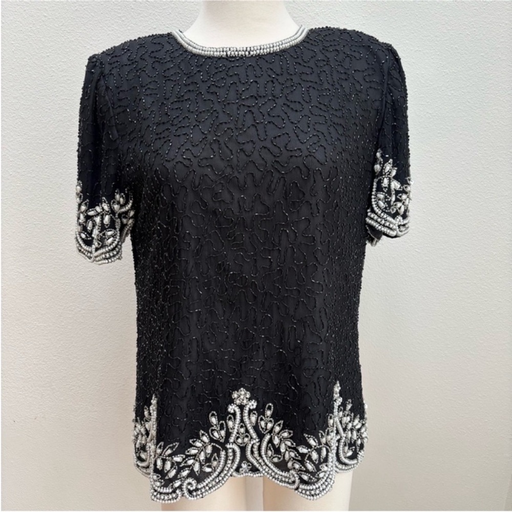 Vintage Bugle Bead Blouse Laurence Kazar Beaded 80s Top Silk Black Size Medium